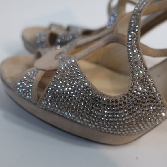 Authentic Jimmy Choo Taupe Bedazzled Suede Ankle Strap Zip Heels 38.5 US/8.5 - Picture 7 of 16